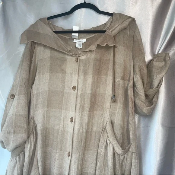 Natural Plaid Check Lagenlook Tunic Dress Size Large Drawstring Button Front - Picture 3 of 14